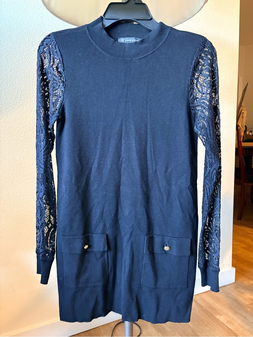 INC International Concepts Lace Sleeve Knit Tunic Dress Sweater Navy Black S